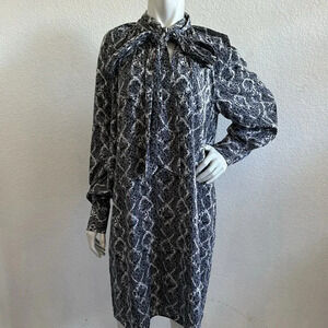 Adriana Papell Gray & white Tie-Front Lined Longsleeve Sheath Dress